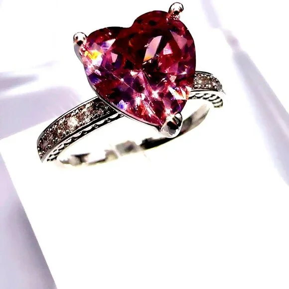 Pink Cubic Zirconia Heart Cut Ring Silver Tone Size 7 - Picture 6 of 9
